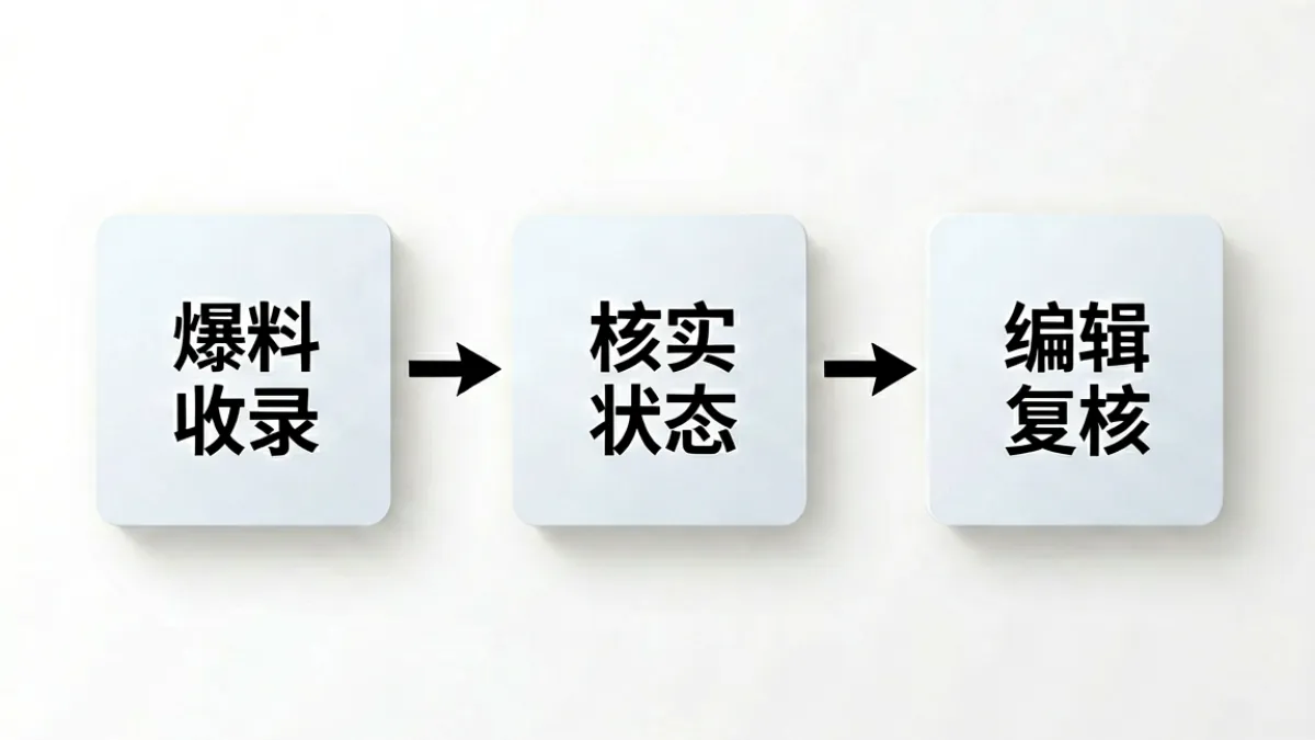 51吃瓜内容审核流程图，展示从爆料收录到标注核实状态再到编辑复核的三个环节