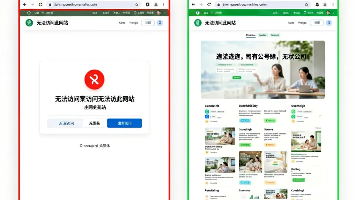 51吃瓜网不同域名在浏览器中显示可访问与失效状态的截图对比，红色标注失效地址，绿色标注正常入口