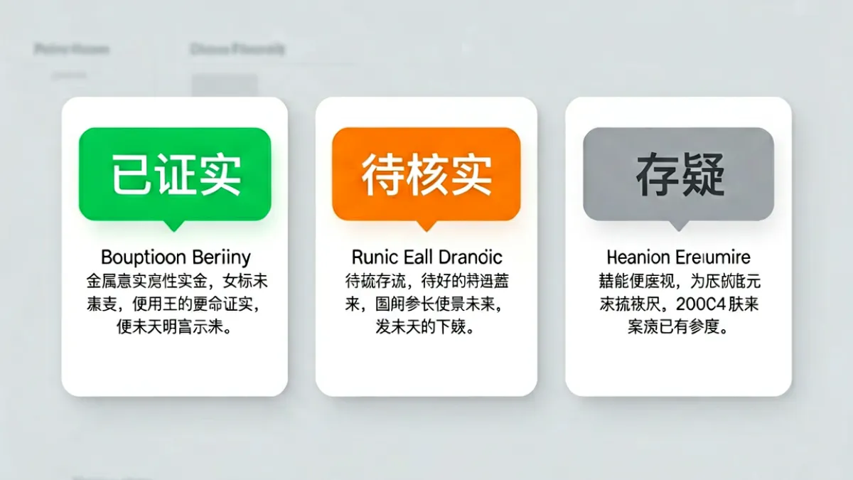 51吃瓜平台爆料信源分级标签示意图，展示已证实、待核实、存疑三种不同颜色标签的排列方式